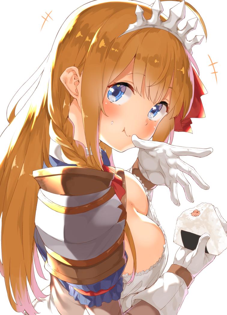 +++ 1girl :t ahoge bangs blue_eyes blush braid breasts brown_hair cleavage closed_mouth commentary_request downblouse eating elbow_gloves eyebrows_visible_through_hair food food_on_face from_side gloves holding holding_food looking_at_viewer looking_to_the_side mamedenkyuu_(berun) medium_breasts onigiri pauldrons pecorine princess_connect!_re:dive shoulder_armor simple_background smile solo tareme tiara upper_body white_background white_gloves wiping_face