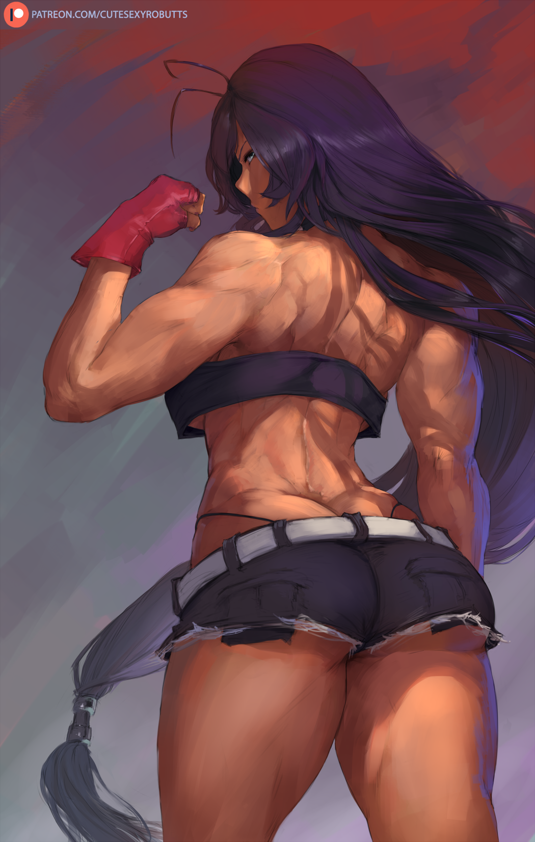 1girl ass bare_shoulders blue_eyes breasts butt_crack commentary cutesexyrobutts dark_skin fingerless_gloves from_behind gloves highres ikkitousen kan'u_unchou large_breasts long_hair looking_at_viewer looking_back muscle pinup purple_hair short_shorts shorts solo standing thick_thighs thighs thong toned under_boob very_long_hair