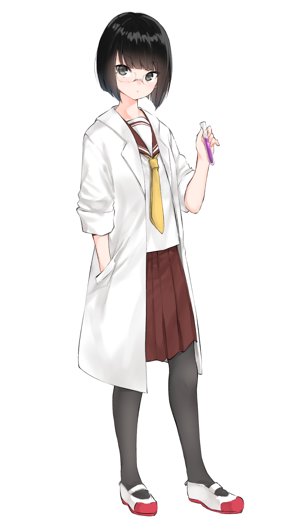 1girl bangs black_hair black_legwear blush brown_sailor_collar brown_skirt commentary_request eyebrows_visible_through_hair glasses grey_eyes hand_in_pocket highres holding labcoat looking_at_viewer neckerchief original pantyhose pleated_skirt sailor_collar school_uniform serafuku shirt shoes short_hair simple_background skirt solo uwabaki vial white_background white_footwear white_shirt yellow_neckwear yuki_arare