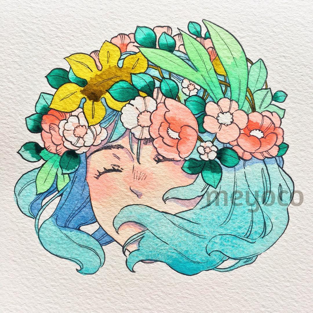 1girl aqua_hair artist_name closed_eyes covered_mouth disembodied_head flower hair_over_mouth leaf meyoco original photo pink_flower short_hair simple_background solo traditional_media watermark white_background white_flower
