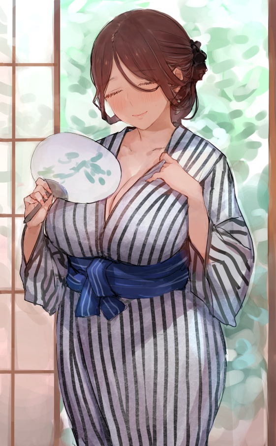 1girl breasts brown_hair c.cu cleavage closed_eyes curvy fan indoors japanese_clothes kimono large_breasts original paper_fan plump solo standing striped striped_kimono yukata