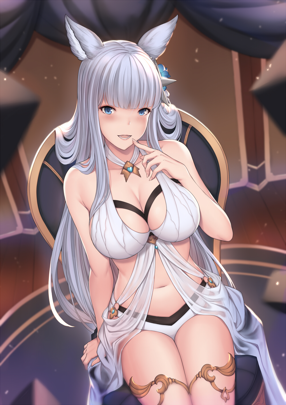 1girl animal_ear_fluff animal_ears bangs bare_arms bare_shoulders blue_eyes blue_flower blunt_bangs blurry blurry_background blush breasts chair cleavage collarbone commentary_request depth_of_field erune finger_to_mouth fingernails flower granblue_fantasy hair_flower hair_ornament hand_up highres indoors korwa large_breasts long_hair navel on_chair pak_ce see-through silver_hair sitting solo very_long_hair