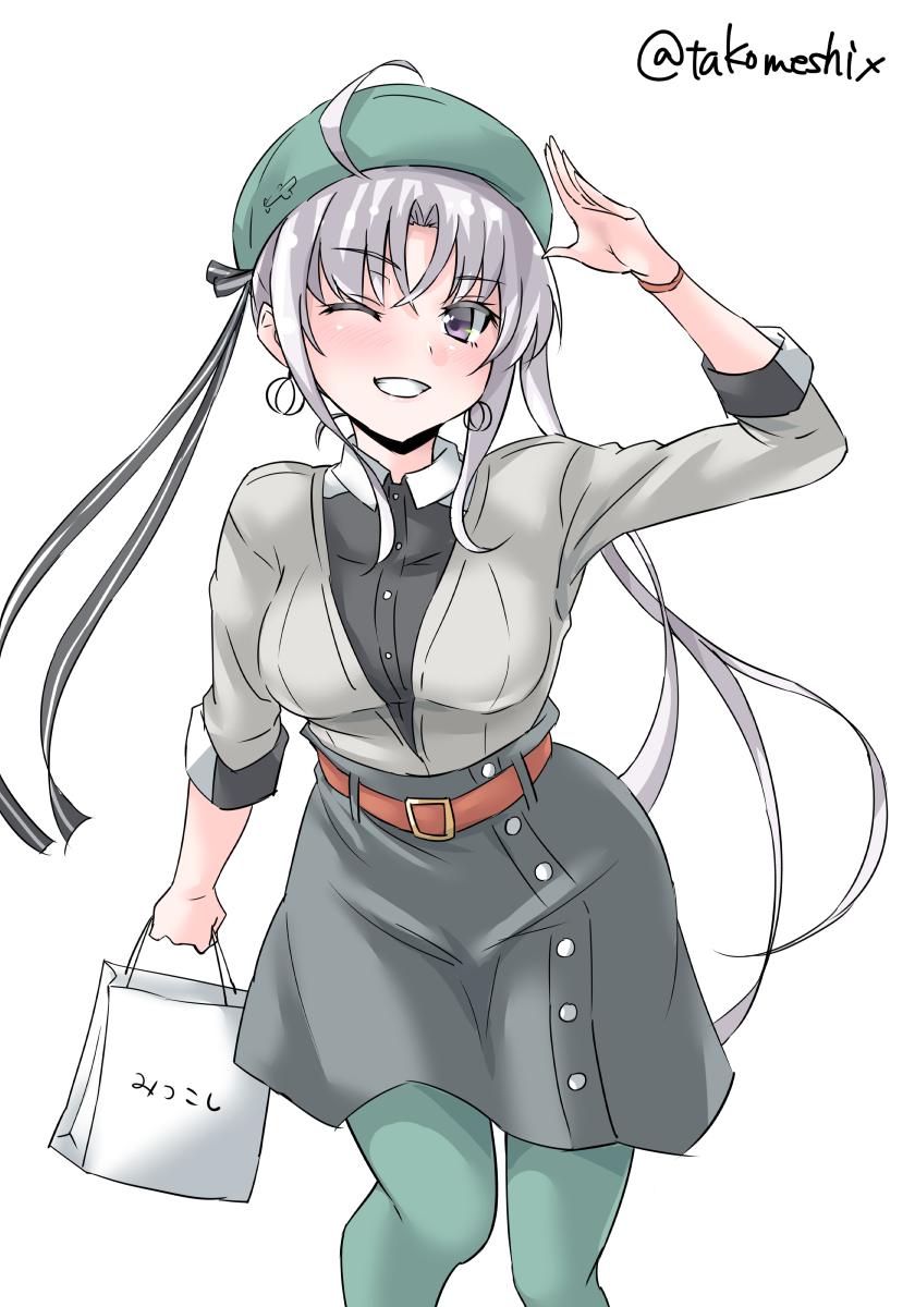 1girl ;) ahoge akitsushima_(kantai_collection) bag belt black_shirt black_skirt bracelet breasts cowboy_shot earrings eyebrows_visible_through_hair green_hat green_legwear grey_hair hair_ribbon hat highres holding holding_bag jacket jewelry kantai_collection large_breasts long_hair looking_at_viewer mitsukoshi_(department_store) one_eye_closed pantyhose red_belt ribbon shirt shopping_bag side_ponytail sidelocks simple_background skirt smile solo takomeshi twitter_username violet_eyes white_background white_jacket