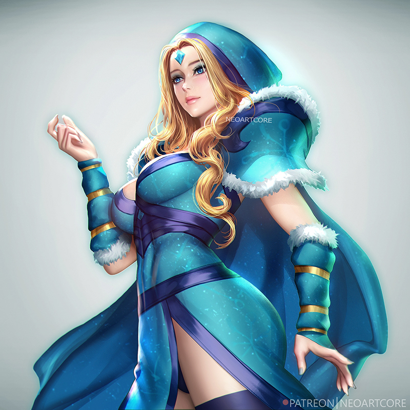 1girl blonde_hair blue_eyes breasts cleavage defense_of_the_ancients dota_2 large_breasts long_hair nudtawut_thongmai panties panty_peek parka rylai_crestfall tagme underwear