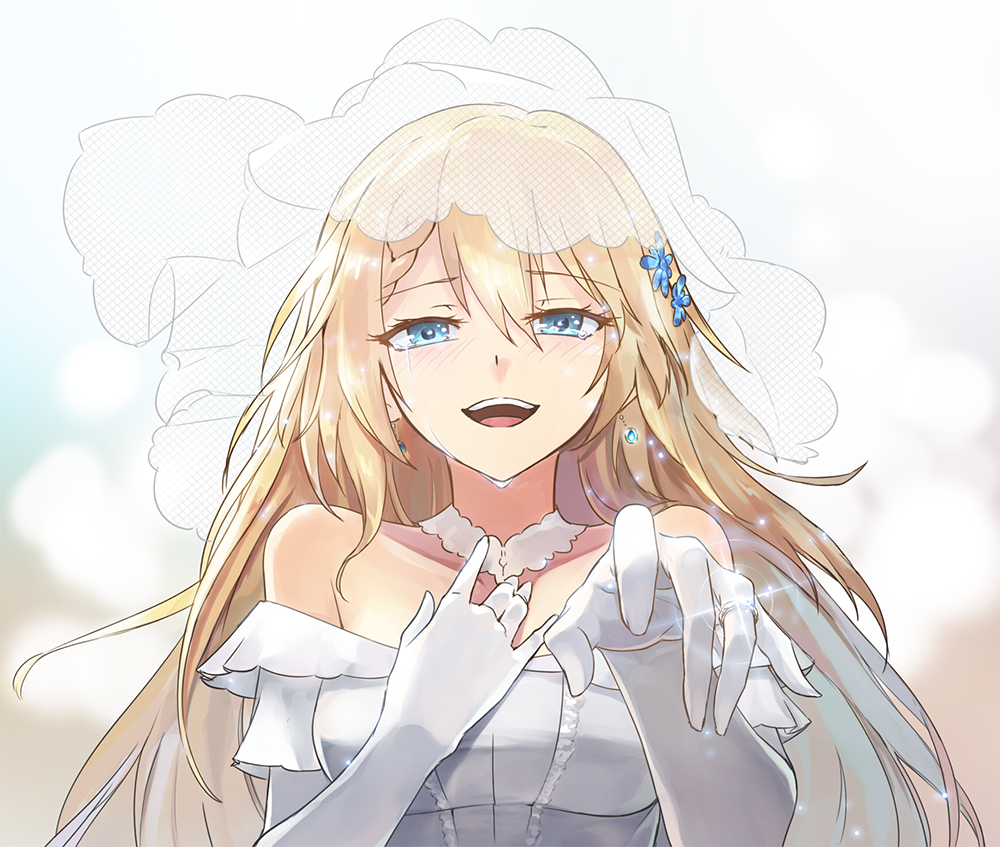 1girl bare_shoulders blonde_hair blue_eyes blurry blurry_background bridal_veil choker dress earrings flower g36_(girls_frontline) girls_frontline glint gloves hair_between_eyes hair_flower hair_ornament hand_on_own_chest happy happy_tears jewelry long_hair looking_at_viewer open_mouth outstretched_arm pov ring smile solo strapless strapless_dress tears upper_body veil vikpie wedding_band wedding_dress white_gloves
