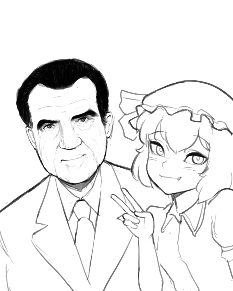 1boy 1girl black_hair drawfag fang formal hat lineart looking_at_viewer mob_cap monochrome necktie real_life remilia_scarlet richard_nixon short_hair short_sleeves simple_background smile suit touhou upper_body v white_background
