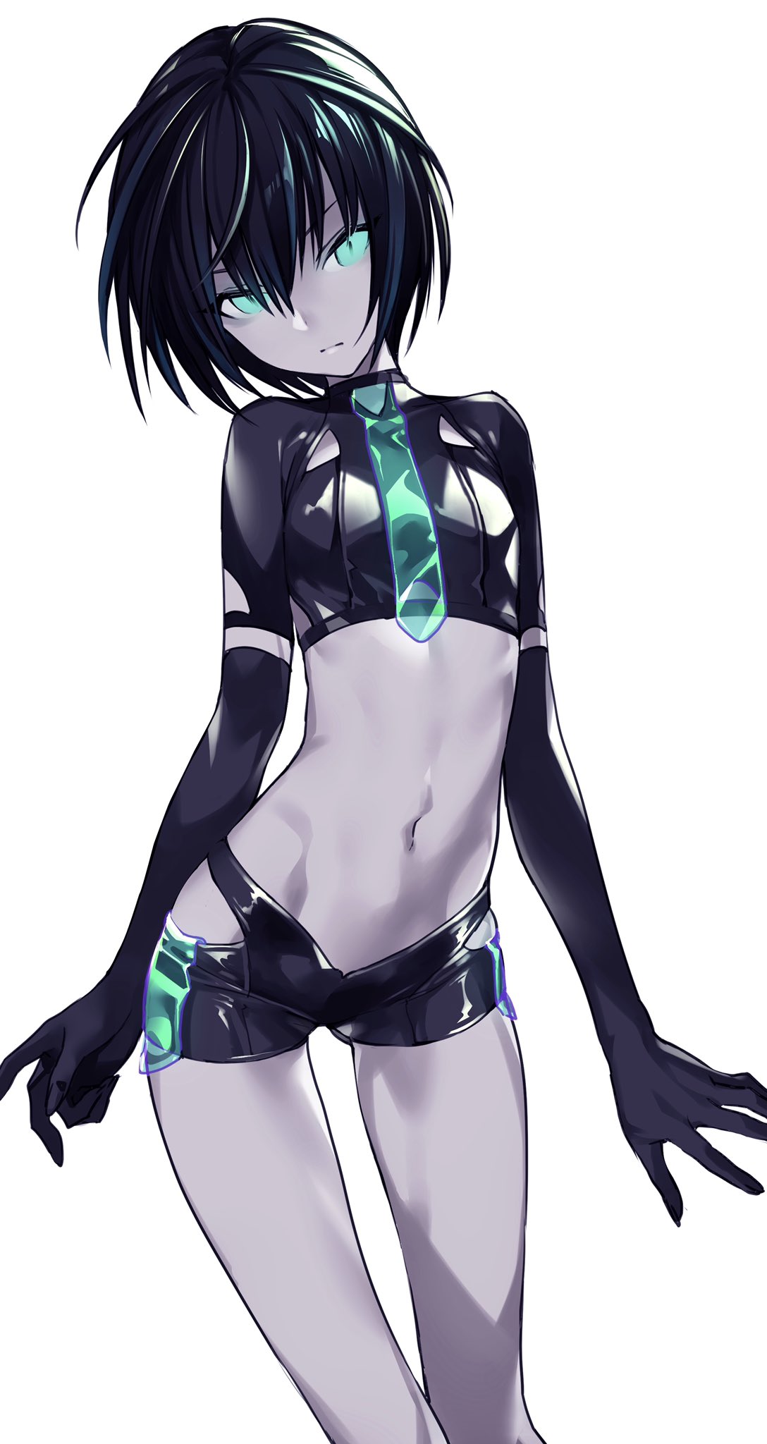 aqua_eyes belly black_hair expressionless formal gloves highres legs looking_at_viewer maruchi navel necktie original pale_skin shorts simple_background suit tagme white_background