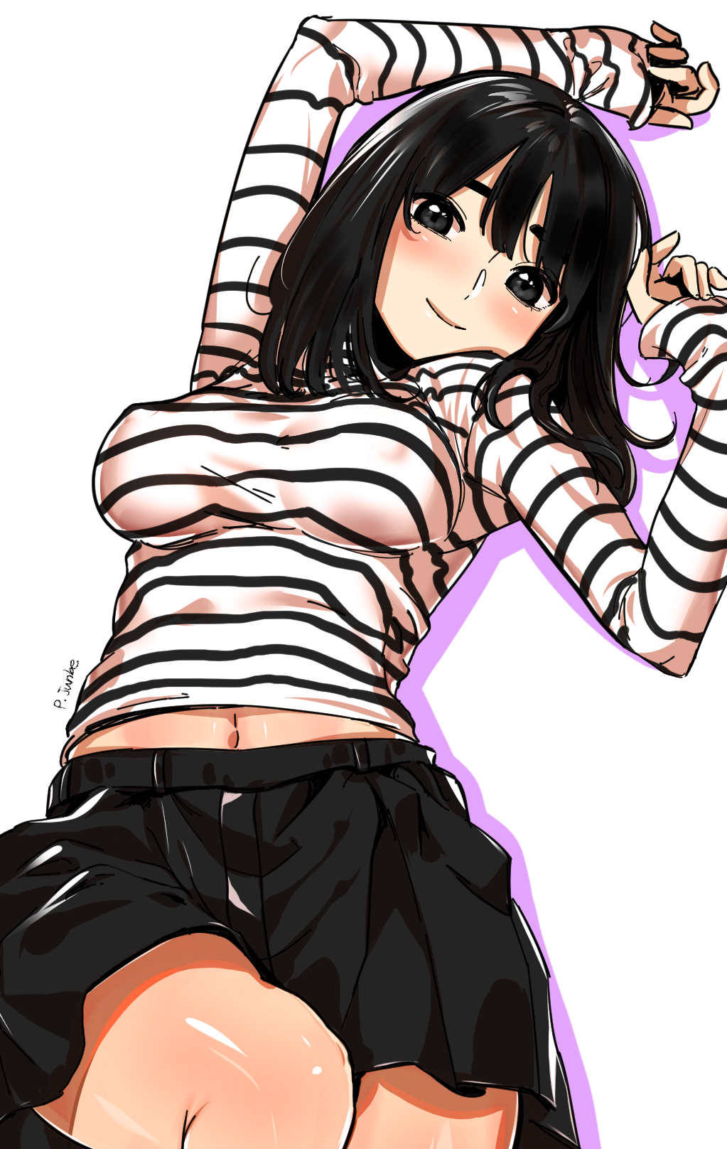 1girl bangs black_skirt blush breasts brown_eyes brown_hair commentary_request commission eyebrows highres long_hair looking_at_viewer midriff navel original pleated_skirt pyojunbe shirt signature skirt smile solo striped striped_shirt