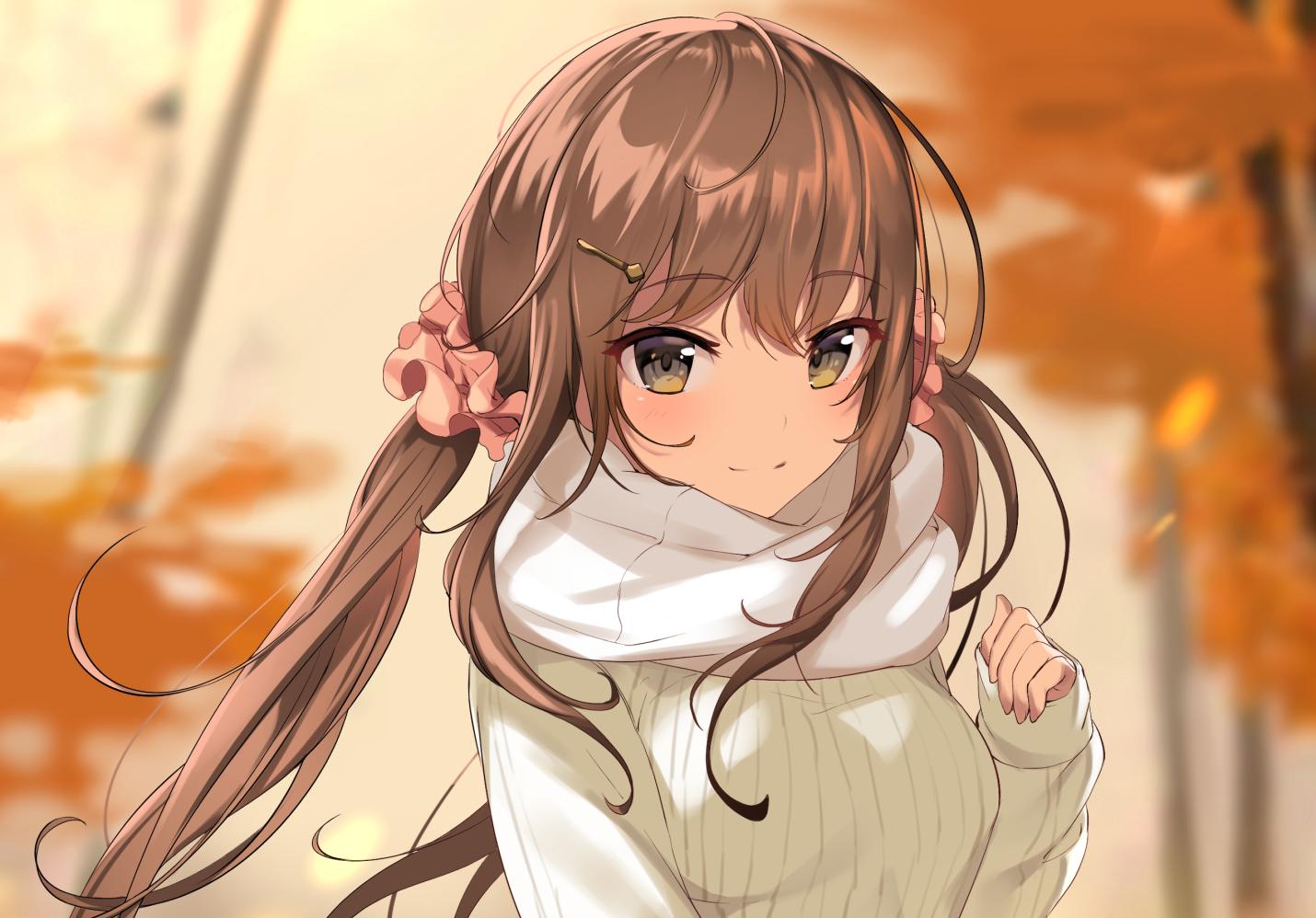 1girl autumn bangs blush breasts brown_eyes brown_hair casual closed_mouth day eyebrows_visible_through_hair grey_sweater hair_ornament hair_scrunchie hairclip ikomochi long_hair long_sleeves looking_at_viewer low_twintails medium_breasts original outdoors scarf scrunchie sleeves_past_wrists smile solo sweater tareme twintails white_scarf