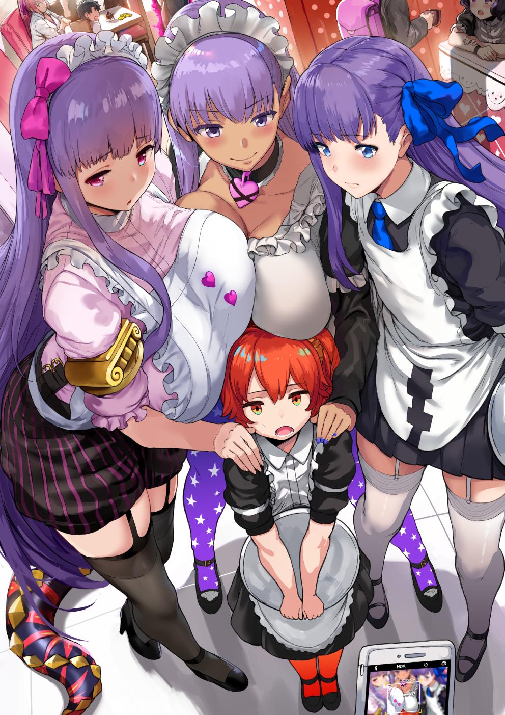1boy 5girls ahoge alternate_costume apron bangs bb_(fate)_(all) bb_(swimsuit_mooncancer)_(fate) black_dress black_legwear black_shorts blue_eyes blue_neckwear blue_ribbon blush breasts closed_mouth collar dark_skin dress enmaided fate/extra fate/extra_ccc fate/grand_order fate_(series) frills fujimaru_ritsuka_(female) fujimaru_ritsuka_(male) garter_straps hair_between_eyes hair_ribbon hews_hack highres huge_breasts large_breasts long_hair looking_at_viewer maid maid_headdress meltlilith multiple_girls necktie orange_eyes orange_hair passion_lip pink_eyes pink_ribbon pink_shirt puffy_short_sleeves puffy_shorts puffy_sleeves purple_hair purple_legwear ribbon scathach_(fate)_(all) scathach_skadi_(fate/grand_order) shirt short_sleeves shorts side_ponytail smile star star_print striped striped_shorts tan tentacle thighs tray very_long_hair violet_eyes waist_apron white_legwear younger