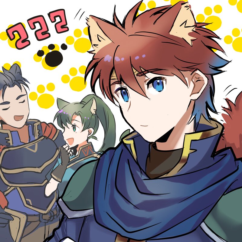 animal_ears armor blue_eyes blue_hair blush cape cat_ears cat_girl closed_eyes earrings eliwood_(fire_emblem) fingerless_gloves fire_emblem fire_emblem:_rekka_no_ken fire_emblem_heroes gloves green_eyes green_hair hamomo_fe hector_(fire_emblem) high_ponytail jewelry long_hair looking_at_viewer lyndis_(fire_emblem) nintendo pelvic_curtain ponytail redhead short_hair simple_background smile