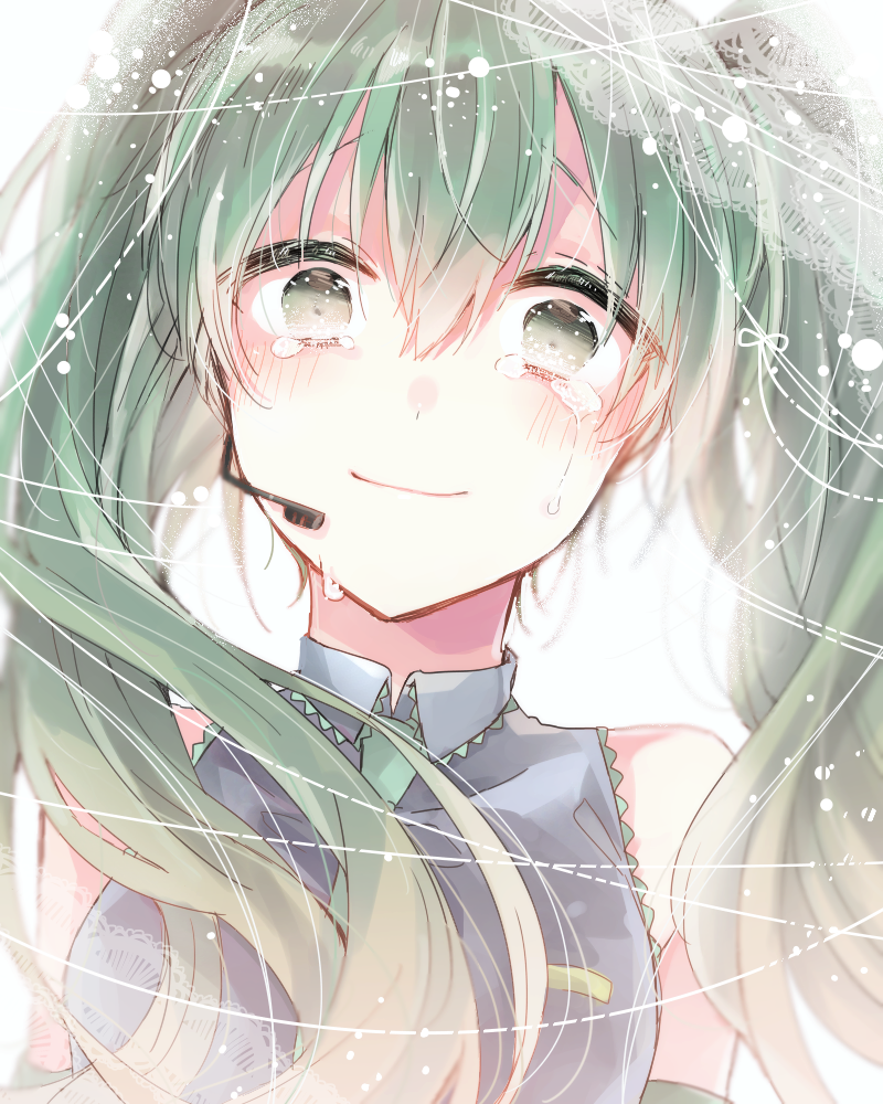 1girl crying crying_with_eyes_open detached_sleeves floating_hair green_eyes green_hair green_neckwear grey_shirt hair_between_eyes hatsune_miku long_hair looking_at_viewer microphone necktie portrait shirt sleeveless sleeveless_shirt smile solo tears twintails umigumo_yuuna very_long_hair vocaloid