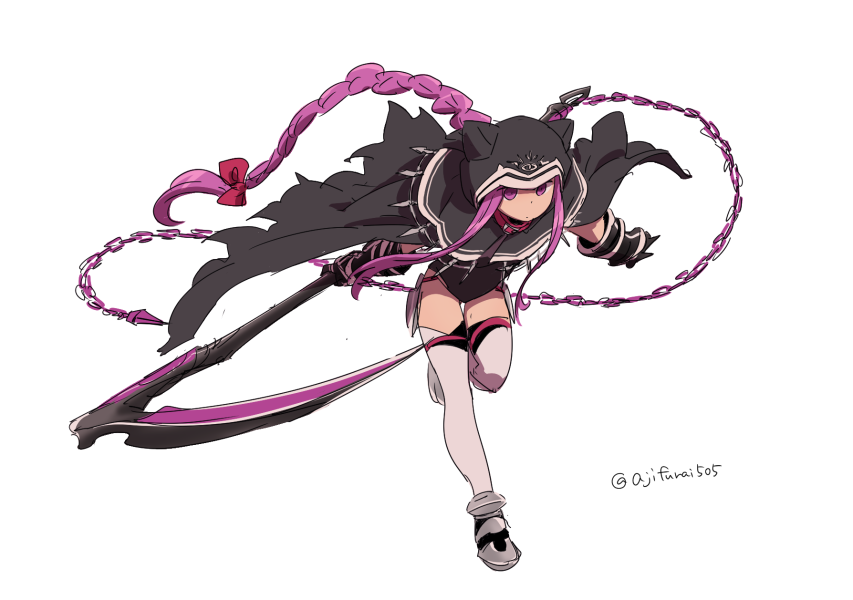 1girl asaya_minoru black_cape black_leotard bow braid cape chains closed_mouth fate/grand_order fate_(series) full_body gauntlets grey_footwear hair_bow holding holding_scythe hood hood_up hooded_cape leaning_forward leotard long_hair looking_at_viewer medusa_(lancer)_(fate) pink_eyes pink_hair red_bow rider scythe sidelocks single_braid solo standing standing_on_one_leg thigh-highs twitter_username very_long_hair white_legwear