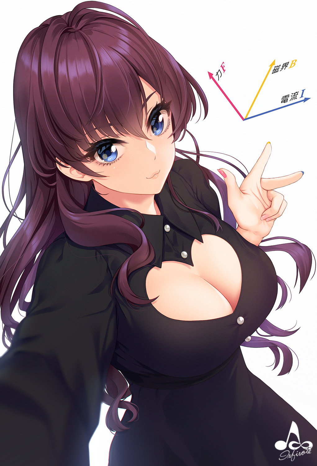 1girl ahoge artist_logo bangs black_dress blue_eyes blush breasts brown_hair cleavage cleavage_cutout closed_mouth dress hair_between_eyes hand_gesture heart_cutout highres ichinose_shiki idolmaster idolmaster_cinderella_girls infinote large_breasts long_hair long_sleeves looking_at_viewer outstretched_arm self_shot simple_background smile solo w wavy_hair white_background