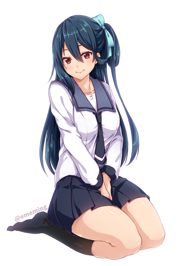 1girl :&gt; between_legs black_hair black_legwear black_neckwear blue_ribbon blue_sailor_collar commentary_request hair_between_eyes hair_ribbon hair_rings hand_between_legs hands_together head_tilt kneehighs long_hair long_sleeves looking_at_viewer navy_blue_skirt necktie no_shoes nyanmaru_(ememing) phantasy_star phantasy_star_online_2 pleated_skirt red_eyes ribbon sailor_collar school_uniform seiza serafuku shirt simple_background sitting skirt smile solo twitter_username v_arms very_long_hair washinomiya_koori white_background white_shirt