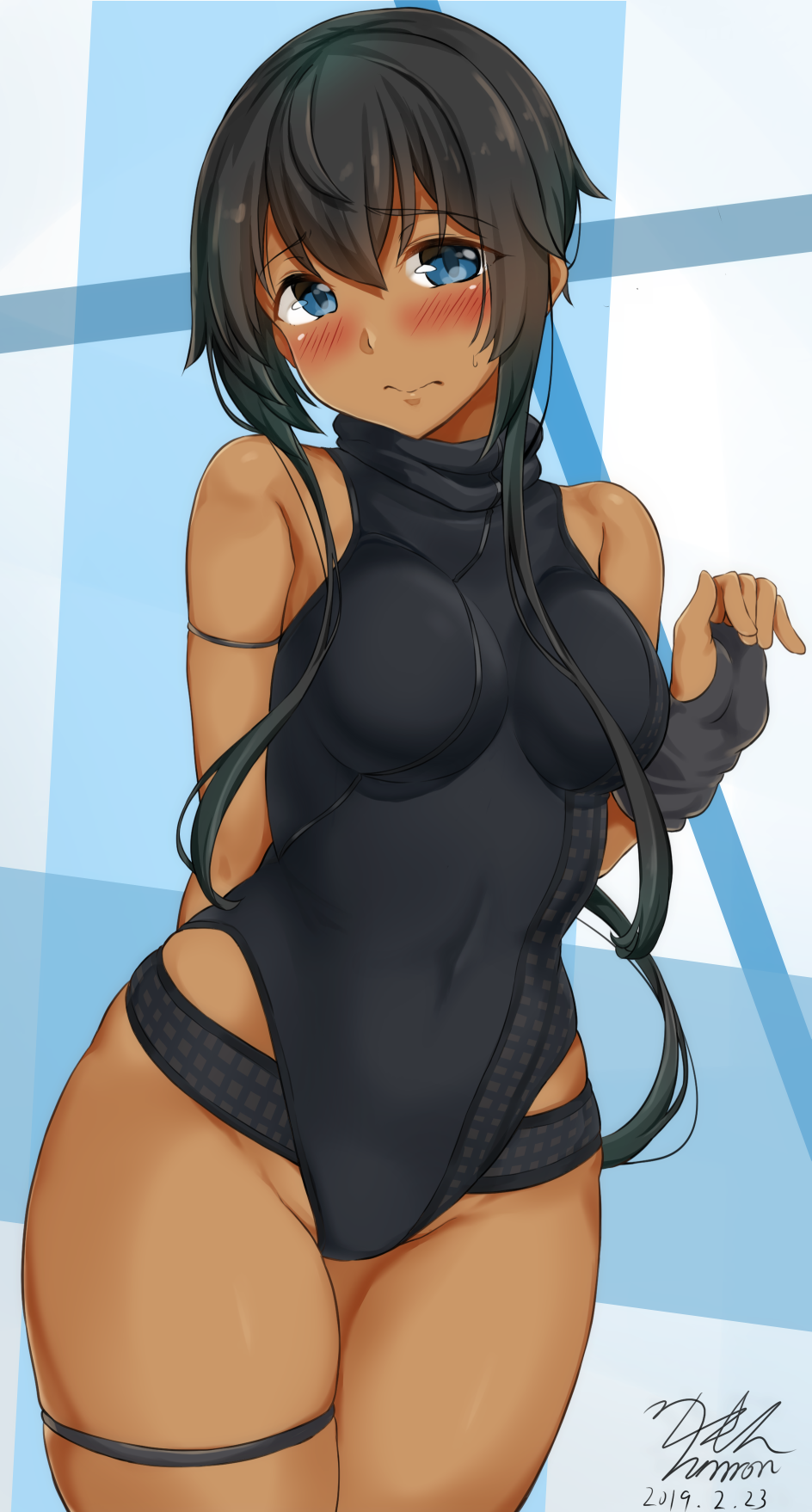 1girl 3: arm_behind_back arm_strap bangs bare_shoulders black_gloves black_hair black_leotard blue_background blue_eyes blush breasts closed_mouth commentary_request covered_navel cowboy_shot dark_skin dated fingerless_gloves frown gloves groin hair_between_eyes head_tilt highres impossible_clothes impossible_leotard leotard looking_at_viewer medium_breasts original short_hair_with_long_locks sidelocks signature solo sweat thigh_strap turtleneck yuzu_lemon