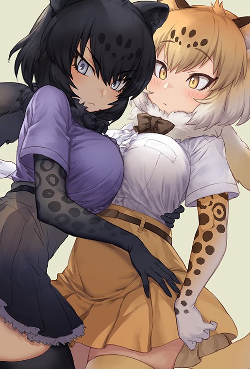 2girls animal_ears bangs belt black_hair black_jaguar_(kemono_friends) black_legwear black_neckwear black_skirt blonde_hair blush bow bowtie breasts center_frills commentary cross_eyed elbow_gloves eyebrows_visible_through_hair frown fur_collar gloves gradient_hair grey_eyes guchico hair_between_eyes hand_on_another's_waist high-waist_skirt jaguar_(kemono_friends) jaguar_ears jaguar_print kemono_friends large_breasts looking_at_viewer multicolored_hair multiple_girls print_gloves purple_shirt shirt short_hair short_sleeves simple_background skirt thigh-highs white_hair white_shirt work_in_progress yellow_eyes yellow_legwear yellow_skirt