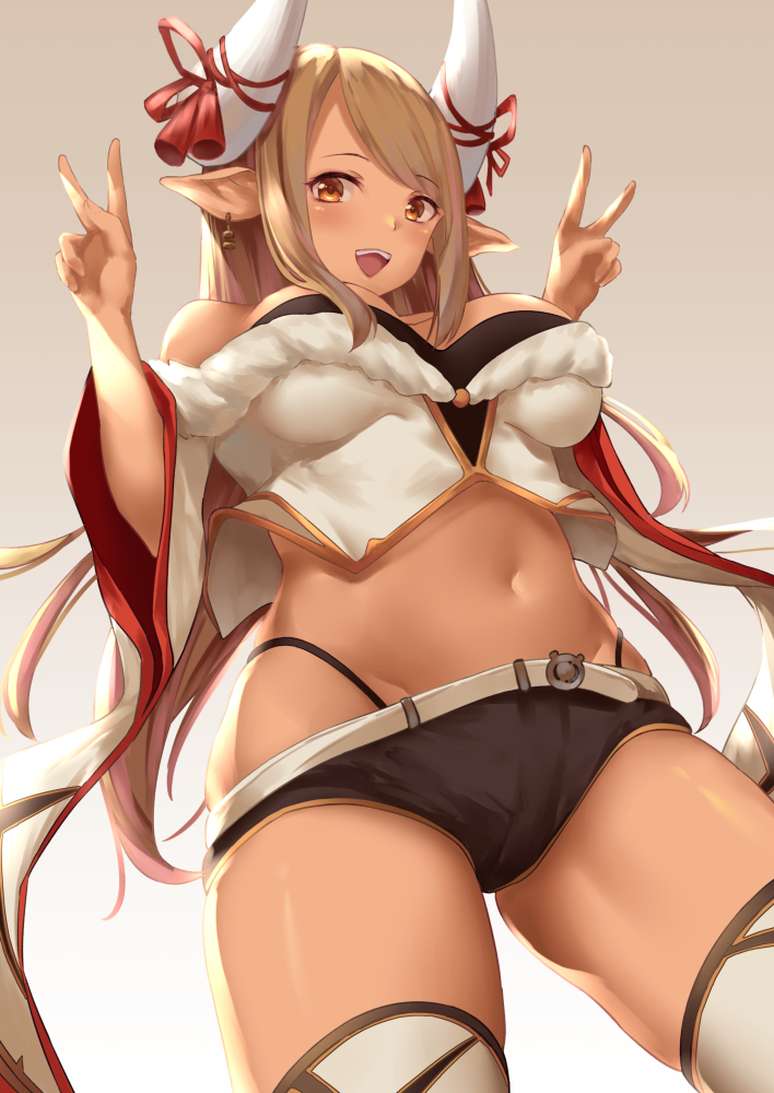 1girl bangs bare_shoulders belt black_panties black_shorts blonde_hair blush breasts brown_eyes cleavage cowboy_shot crop_top dark_skin double_v draph fur_trim gradient gradient_background granblue_fantasy groin hand_gesture hands_up highleg highleg_panties horns kuvira_(granblue_fantasy) large_breasts long_hair looking_at_viewer micro_shorts midriff navel open_mouth panties pointy_ears shorts smile solo standing stomach suzuame_yatsumi thigh-highs thighs underwear v white_legwear wide_sleeves