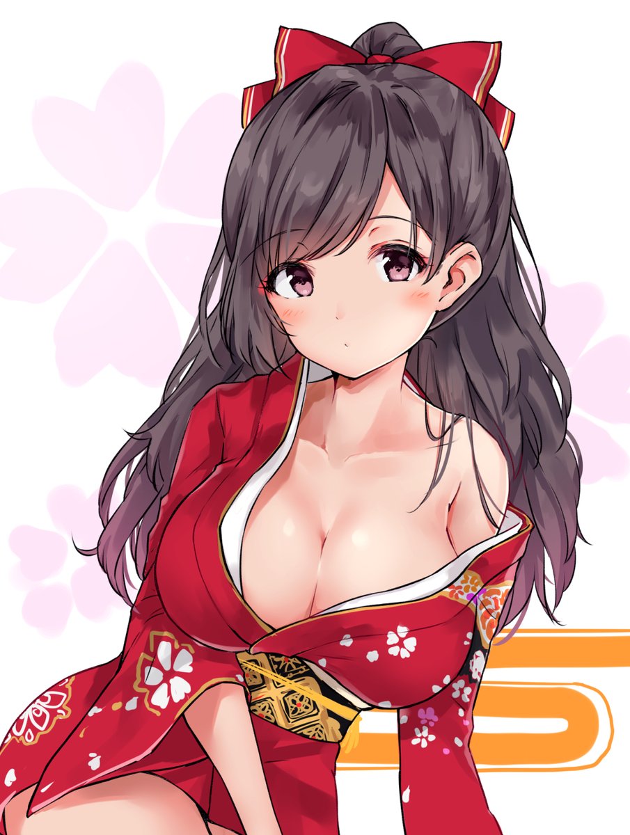 1girl alternate_costume bangs bare_shoulders blush bow breasts brown_hair cleavage closed_mouth collarbone eyebrows_visible_through_hair floral_print hair_bow high_ponytail highres idolmaster idolmaster_shiny_colors japanese_clothes kimono large_breasts long_hair long_sleeves looking_at_viewer minikon obi off_shoulder ponytail print_kimono red_bow red_eyes red_kimono sash simple_background solo swept_bangs tsukioka_kogane white_background wide_sleeves