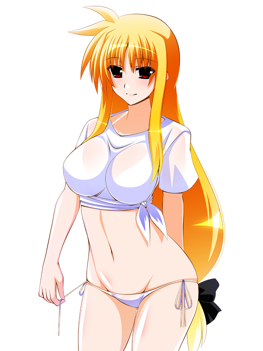 1girl blonde_hair blush breasts closed_mouth engo_(aquawatery) eyebrows eyebrows_visible_through_hair fate_testarossa groin hair_ornament hair_ribbon large_breasts long_hair lyrical_nanoha mahou_shoujo_lyrical_nanoha_strikers midriff navel panties red_eyes ribbon shiny shiny_hair shiny_skin side-tie_panties simple_background skindentation solo underwear untying very_long_hair white_background white_panties