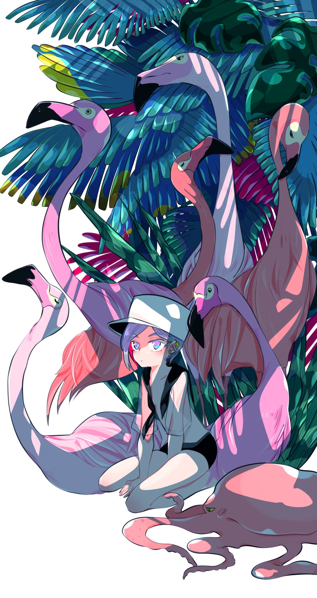 1girl aqua_eyes bird black_shorts breasts collarbone ear_piercing earrings flamingo hat highres jewelry leaf multicolored multicolored_eyes nante_koto octopus original piercing plant purple_hair see-through seiza shade shorts sitting small_breasts solo violet_eyes white_background white_hat