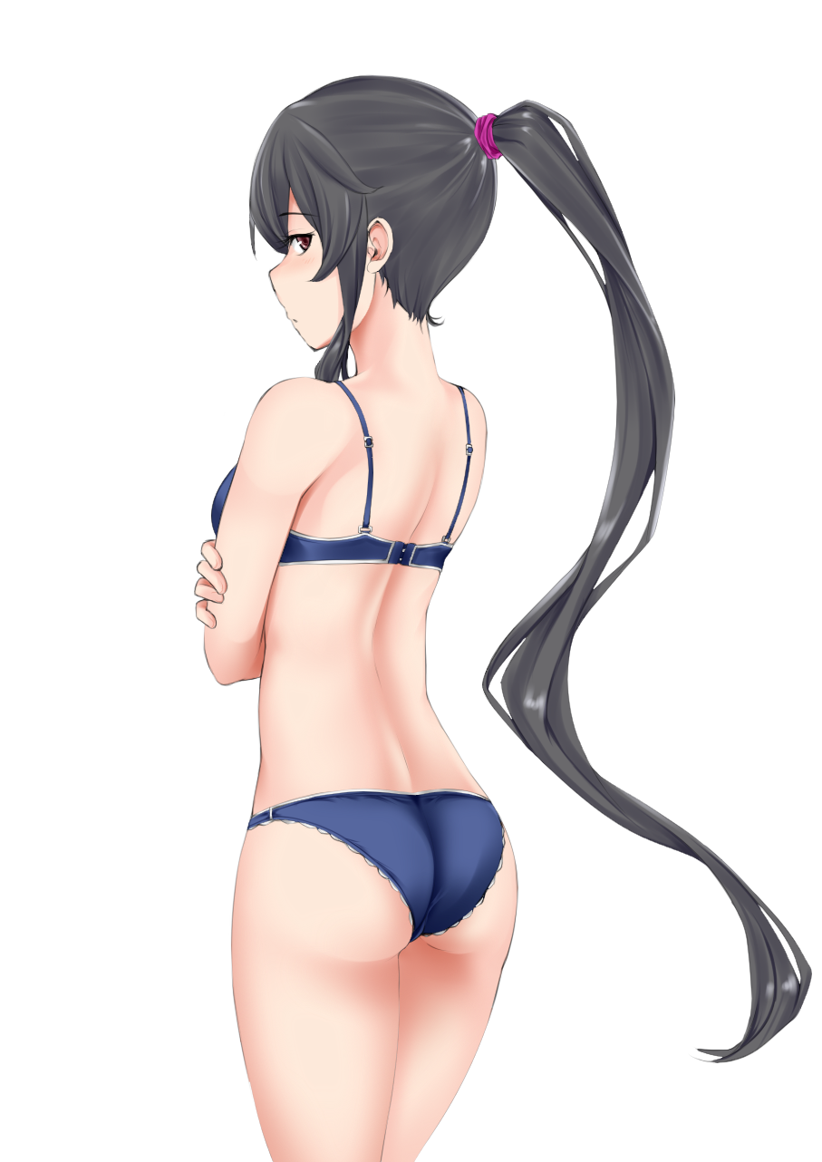 1girl ass black_hair blue_bra blue_panties blush bra breasts closed_mouth highres kantai_collection long_hair looking_at_viewer medium_breasts nn_tasu panties ponytail red_eyes simple_background solo underwear white_background yahagi_(kantai_collection)