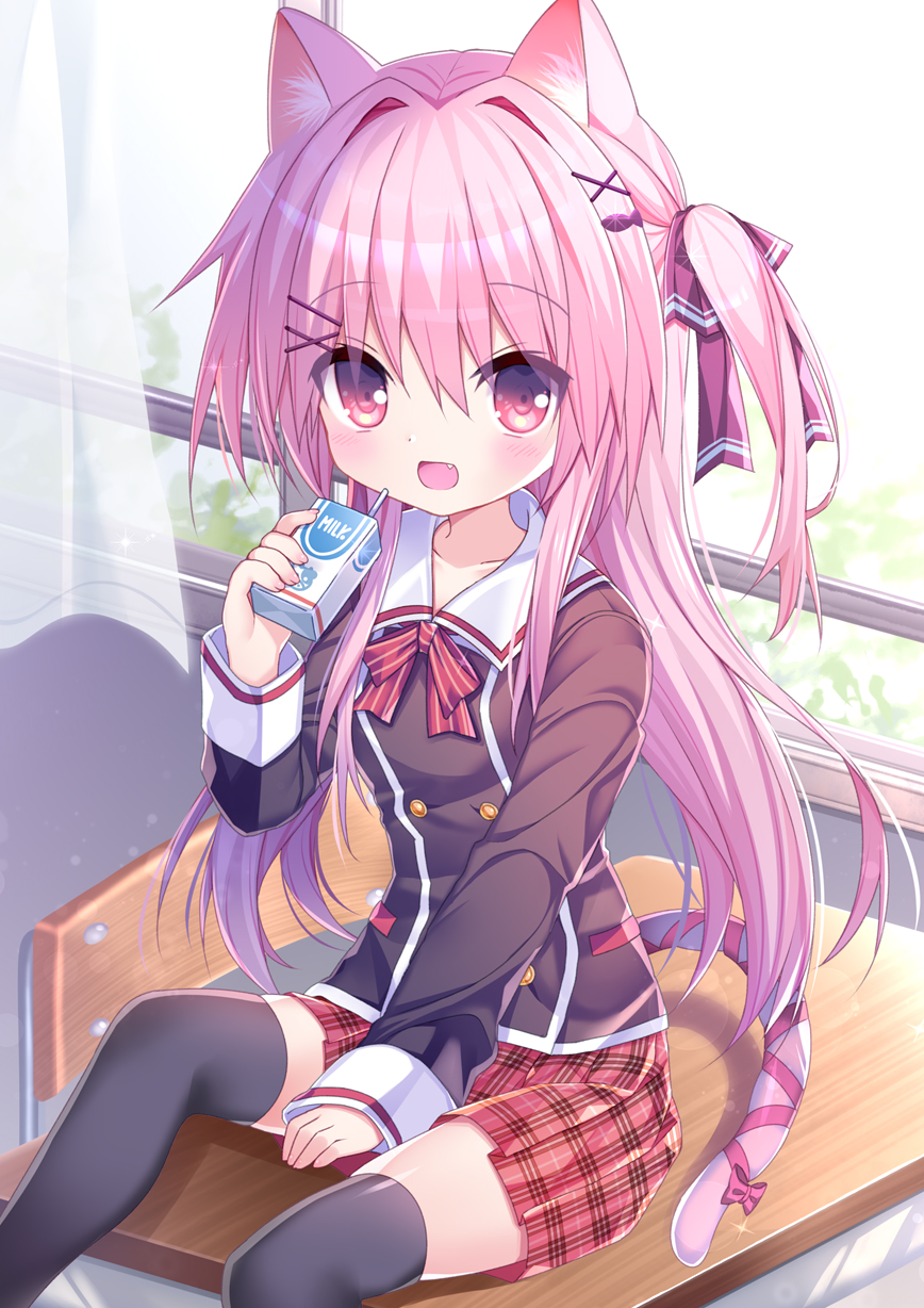1girl animal_ears blush cat_ears cat_girl cat_tail chair collarbone curtains d_omm desk drinking_straw eyebrows_visible_through_hair fang fangs hair_ornament hair_ribbon highres holding juice_box long_hair long_sleeves looking_at_viewer milk moe2019 neck_ribbon on_desk open_mouth original pink_eyes pink_hair pink_ribbon red_ribbon ribbon school_chair school_desk school_uniform side_ponytail sitting sitting_on_desk smile solo tail tail_ribbon thigh-highs window x_hair_ornament