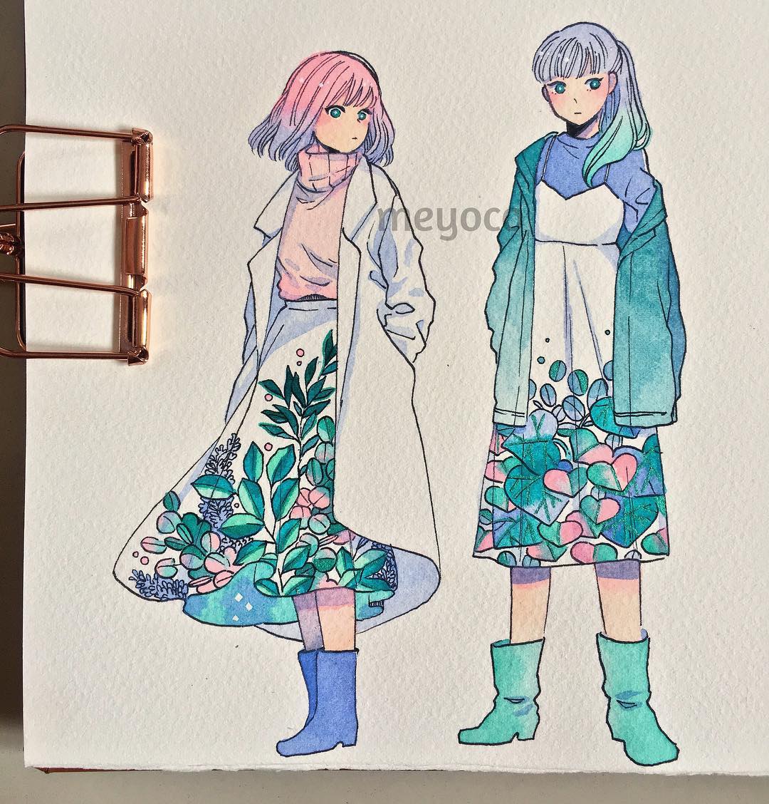 2girls aqua_eyes aqua_footwear aqua_hair artist_name bangs blue_footwear boots dress full_body gradient_hair hands_in_pockets leaf leaf_print long_hair long_sleeves looking_at_viewer medium_hair meyoco multicolored_hair multiple_girls original photo pink_hair ponytail print_dress print_skirt purple_hair skirt standing sweater traditional_media turtleneck turtleneck_sweater white_coat