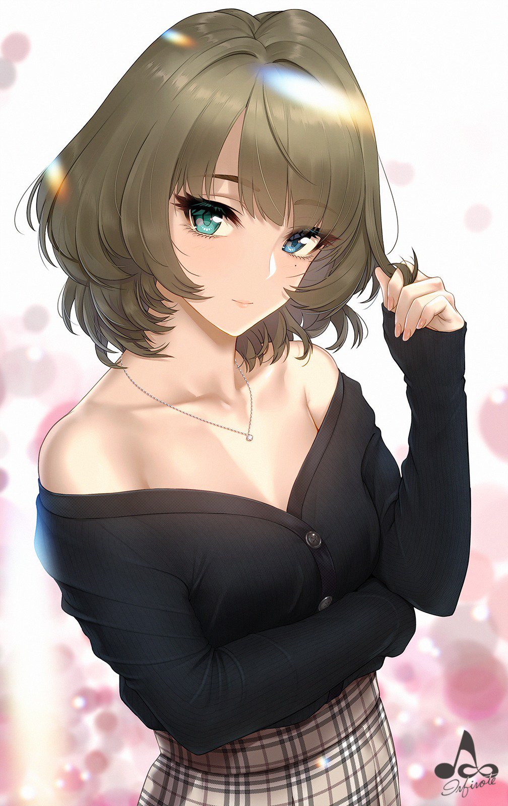 1girl arm_under_breasts bangs bare_shoulders black_sweater blue_eyes blush breasts brown_hair brown_skirt buttons cleavage closed_mouth collarbone diamond_(gemstone) eyebrows_visible_through_hair green_eyes green_hair hair_twirling head_tilt heterochromia high-waist_skirt highres idolmaster idolmaster_cinderella_girls infinote jewelry looking_at_viewer mole mole_under_eye necklace off-shoulder_sweater off_shoulder short_hair sidelocks signature silver skirt solo sweater takagaki_kaede upper_body
