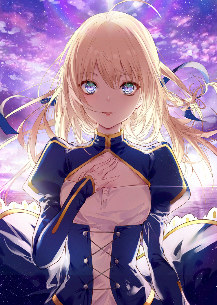 1girl artoria_pendragon_(all) bangs blonde_hair blue_dress blush clouds cloudy_sky collarbone commentary_request dress eyebrows_visible_through_hair fate/stay_night fate_(series) fingernails hair_between_eyes hand_on_own_chest hand_up horizon juliet_sleeves kinokohime lips long_hair long_sleeves looking_at_viewer ocean outdoors parted_lips puffy_sleeves purple_sky saber sky solo type-moon ufotable upper_body violet_eyes water