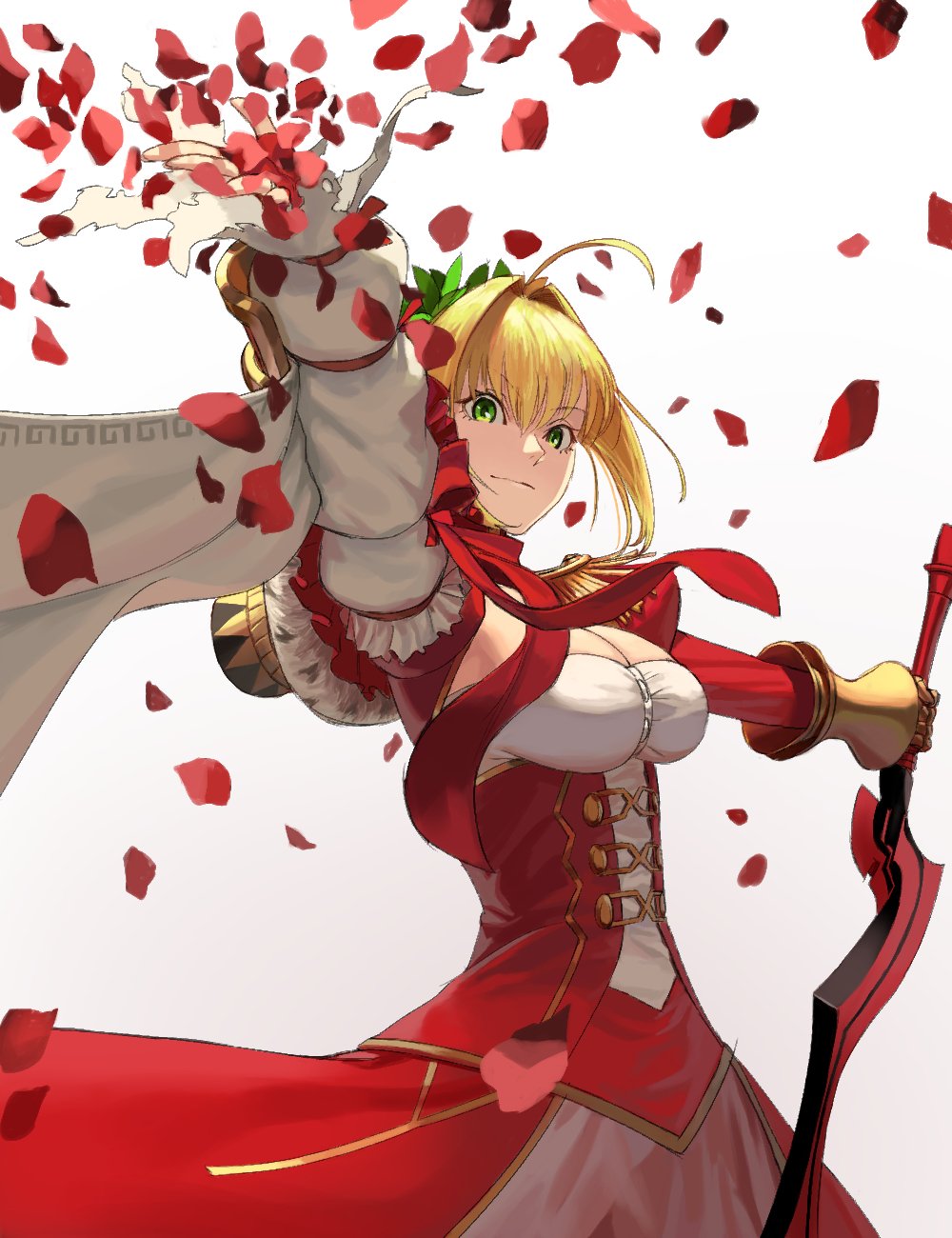 1girl aestus_estus ahoge blonde_hair breasts dress epaulettes fate/extra fate_(series) green_eyes highres holding holding_sword holding_weapon large_breasts nero_claudius_(fate) nero_claudius_(fate)_(all) petals rose_petals sword weapon zonotaida