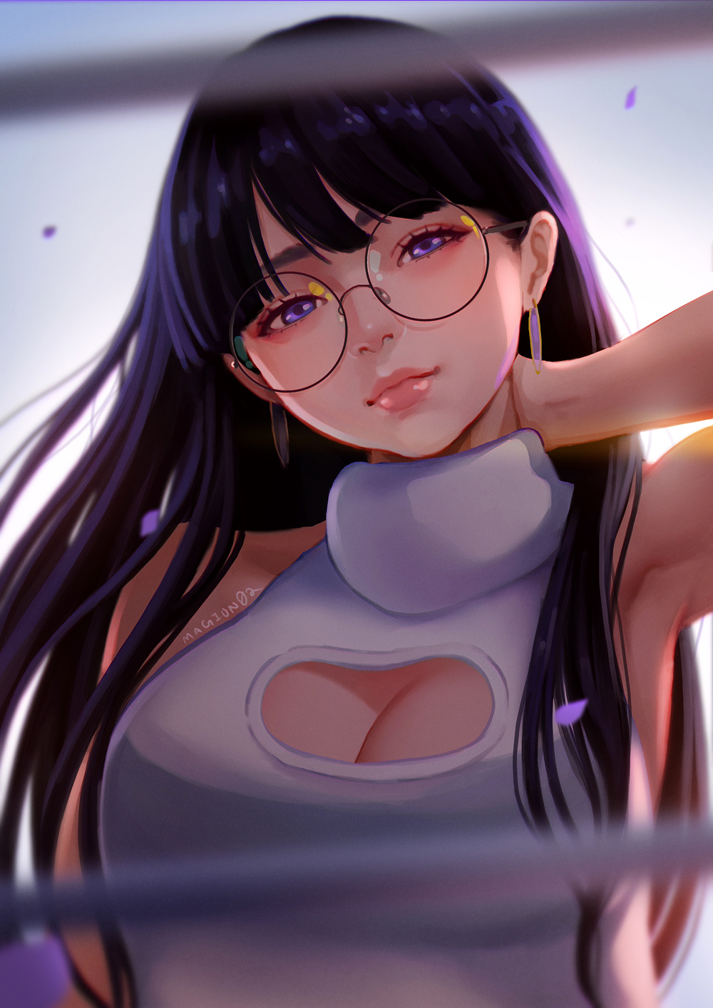 1girl arm_up armpits artist_name bangs black-framed_eyewear black_hair blunt_bangs blurry blurry_foreground breasts cleavage cleavage_cutout closed_mouth depth_of_field earrings glasses hand_on_own_neck head_tilt highres jewelry large_breasts lips long_hair magion02 original round_eyewear sleeveless sleeveless_turtleneck smile solo sweater thick_eyebrows turtleneck turtleneck_sweater upper_body violet_eyes white_sweater