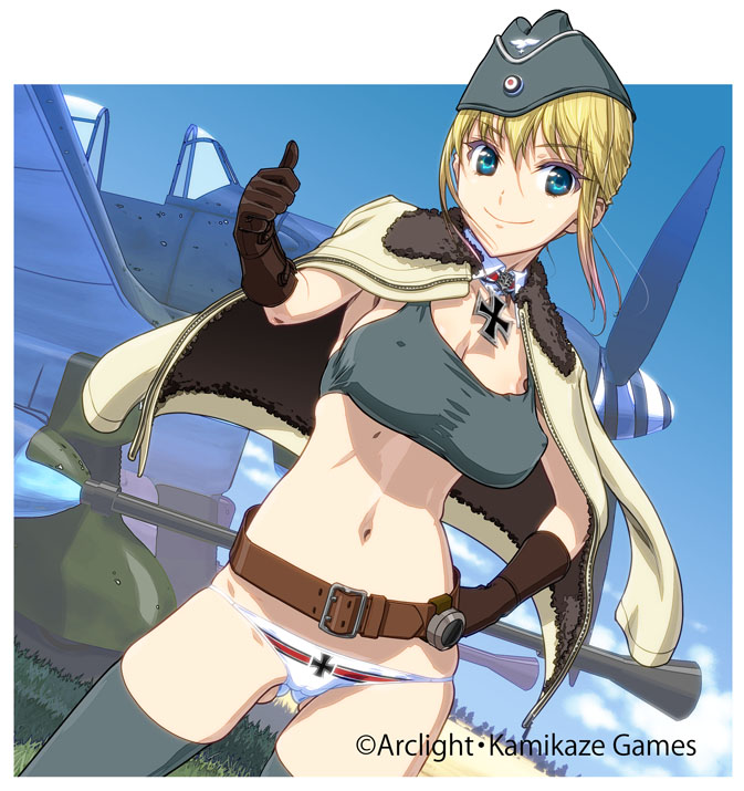 1girl aircraft airplane belt black_legwear blonde_hair blue_eyes commentary_request copyright_request covered_nipples crop_top detached_collar dutch_angle garrison_cap gloves hand_on_hip hat iron_cross jacket_on_shoulders lowleg lowleg_panties navel panties solo takashi_akira thigh-highs thumbs_up underwear white_panties
