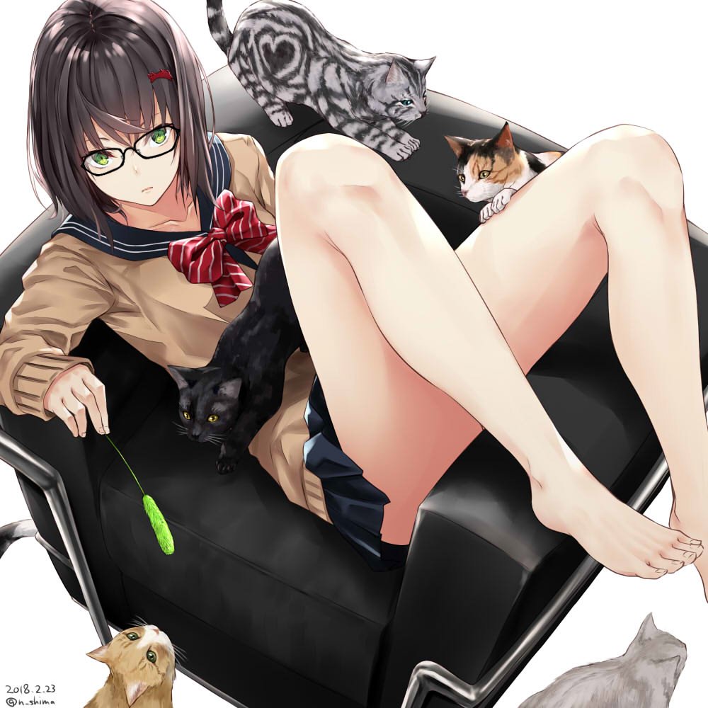 1girl animal barefoot black-framed_eyewear black_hair black_sailor_collar black_skirt bow bowtie brown_sweater cat cat_day cat_teaser chair closed_mouth collarbone dated dutch_angle feet full_body glasses green_eyes hair_ornament hairclip holding knees_up legs long_sleeves looking_at_viewer miniskirt nabeshima_tetsuhiro original reclining red_neckwear ribbon sailor_collar school_uniform short_hair skirt striped striped_neckwear sweater thighs twitter_username uniform white_background