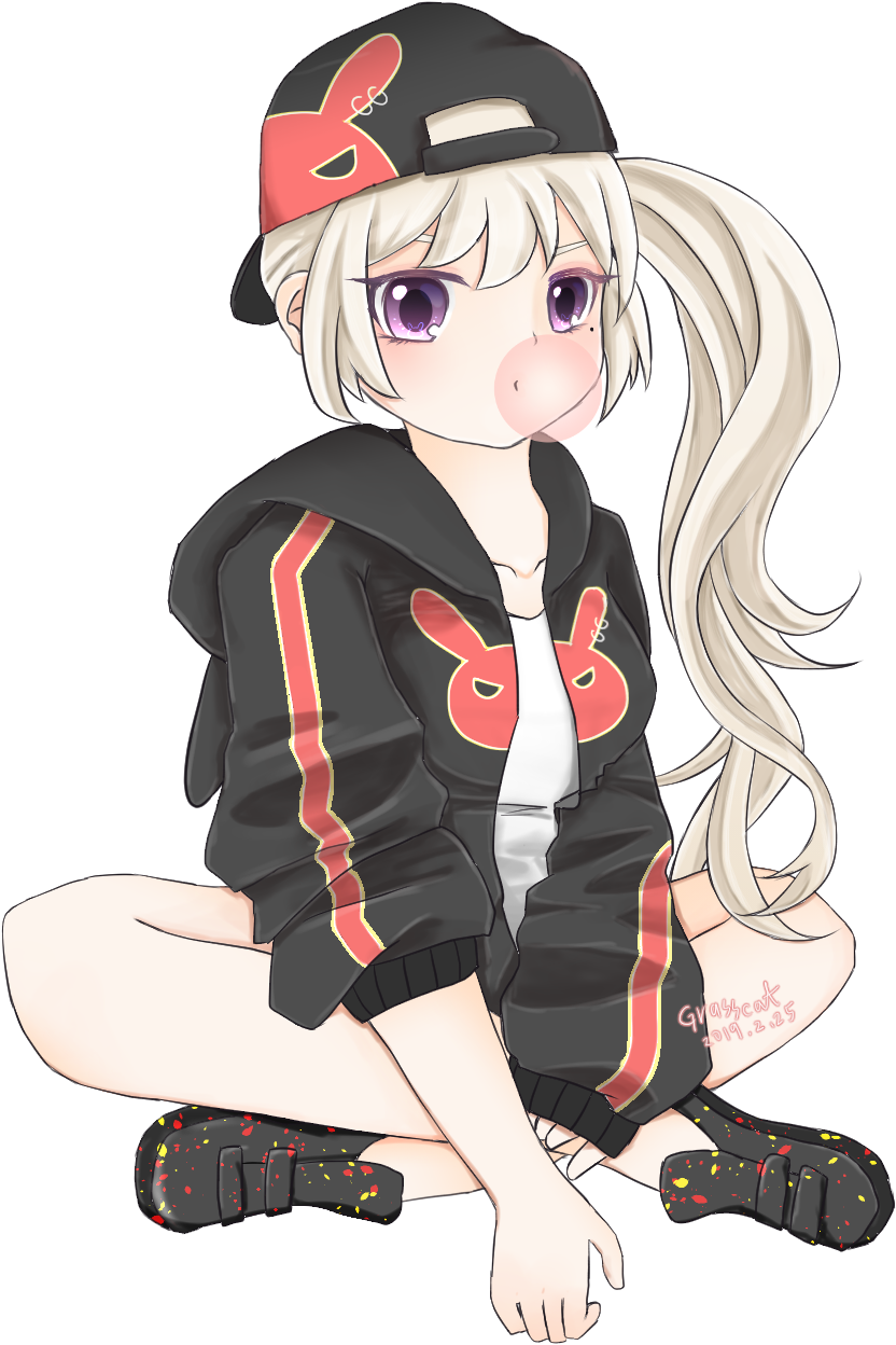 1girl backwards_hat chewing_gum commentary grasscat030 hat highres hood hoodie long_hair looking_at_viewer maplestory mole mole_under_eye orchid_(maplestory) pout shirt side_ponytail silver_hair sitting solo violet_eyes white_background white_shirt