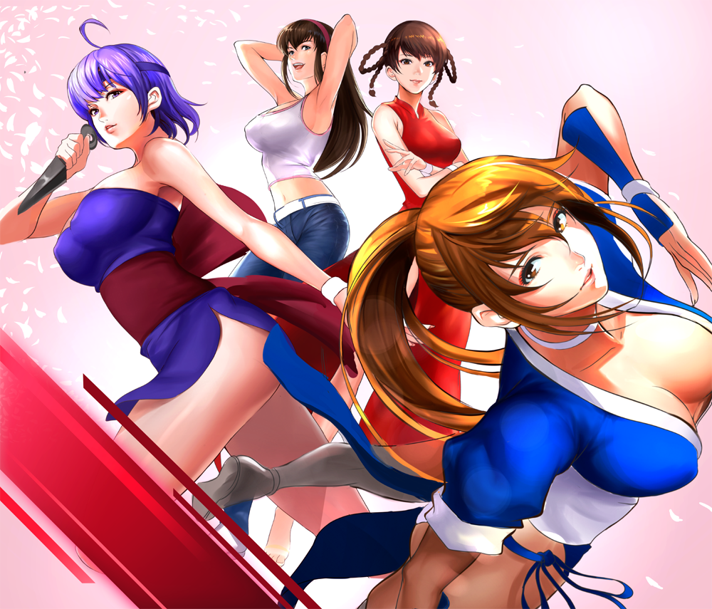 4girls arm_guards arm_up armpits arms_up ayane ayane_(doa) bangs bare_shoulders belt blue_dress blue_eyes bow braid breasts brown_eyes brown_hair cherry_blossoms china_dress chinese_clothes choker cleavage closed_mouth collarbone commentary_request crossed_arms dead_or_alive denim dress eyebrows_visible_through_hair hairband headband hitomi_(doa) holding holding_weapon jeans kasumi_(doa) kunai large_bow lei_fang long_hair looking_at_viewer medium_breasts multiple_girls ninja pants parted_lips pelvic_curtain petals pink_background pink_hairband ponytail purple_dress purple_hair red_bow red_dress red_eyes rejun ribbon sash shirt short_hair short_sleeves siblings simple_background sisters smile standing thighs twin_braids weapon white_belt white_legwear white_shirt