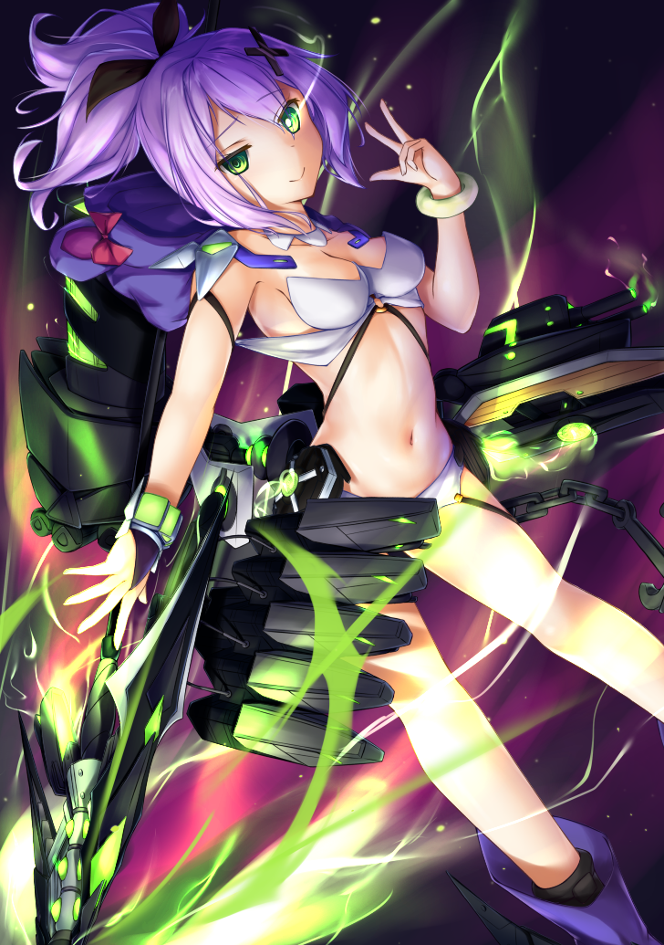 1girl animal_ears animal_hood azur_lane bangs bare_arms bare_legs bear_ears black_ribbon blue_footwear boots bracelet breasts cleavage closed_mouth collarbone commentary_request fake_animal_ears feet_out_of_frame garter_straps glowing glowing_eye green_eyes hair_ornament hair_over_one_eye hair_ribbon hand_up holding holding_spear holding_weapon hood hood_down javelin_(azur_lane) jewelry light long_hair looking_at_viewer machinery medium_breasts midriff navel polearm ponytail purple_hair revealing_clothes ribbon science_fiction shimo_(shimo332215) smile smoke solo spear stomach thighs turret w weapon x_hair_ornament