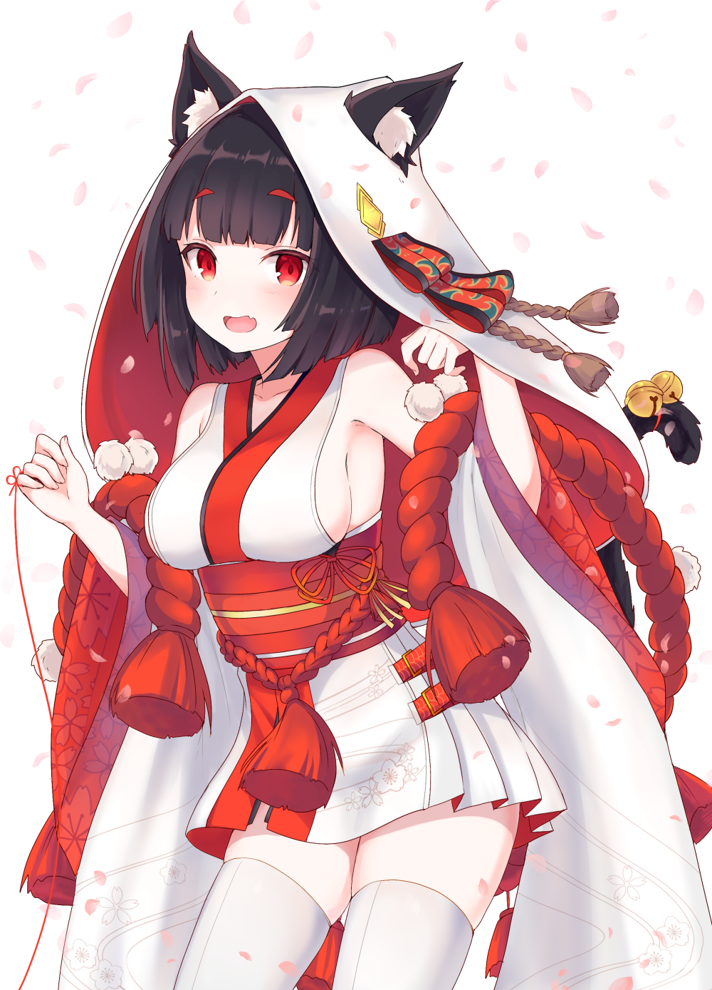 1girl animal_ears azur_lane bangs bell black_hair blunt_bangs breasts cat_ears cat_tail cherry_blossoms detached_sleeves eyebrows_visible_through_hair fang highres hood isao_(wasamoti) japanese_clothes jingle_bell kimono large_breasts open_mouth petals red short_hair sideboob skindentation sleeveless solo string string_around_finger tail tail_bell thigh-highs uchikake white_legwear yamashiro_(azur_lane)