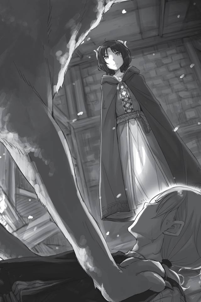 1boy 1girl ayakura_juu cape collarbone dress from_below greyscale hood hood_down hooded horns indoors long_dress long_hair monochrome myuri_(spice_and_wolf) novel_illustration official_art ponytail sheep_horns short_hair spice_and_wolf tote_col wolf