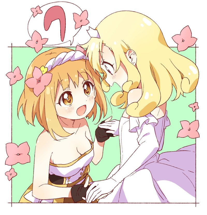 2girls bare_shoulders blonde_hair blush breasts brown_eyes cleavage collarbone dress elbow_gloves endro! eyebrows_visible_through_hair fai_fai flat_chest flower gloves hair_flower hair_ornament hairband long_hair medium_breasts multiple_girls open_mouth orange_hair rona_pricipa_o_rabanesta short_hair smile strapless strapless_dress white_dress white_frills white_gloves