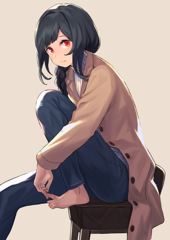 1girl bangs barefoot black_hair blue_pants blush braid brown_coat coat commentary_request eyebrows_visible_through_hair hair_over_shoulder long_hair long_sleeves looking_at_viewer open_clothes open_coat original pants peroncho red_eyes ribbed_sweater single_braid solo sweater turtleneck turtleneck_sweater white_sweater