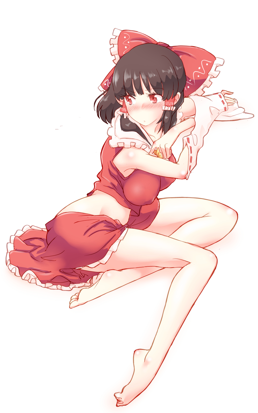 1girl bare_legs barefoot blush bow breasts brown_hair covered_nipples detached_sleeves eyebrows_visible_through_hair hair_bow hakurei_reimu highres large_breasts looking_to_the_side non_(z-art) red_eyes red_skirt simple_background sitting skirt skirt_set solo touhou white_background wide_sleeves