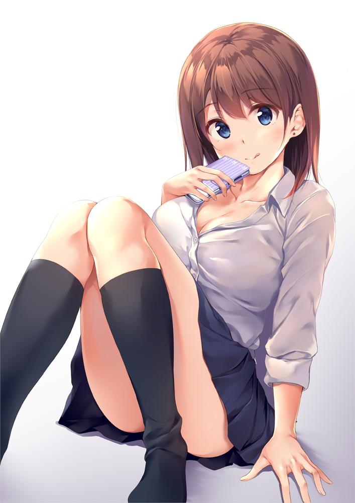 1girl :q arm_support ass black_legwear black_skirt blue_eyes blush breasts brown_hair buttons cellphone cleavage closed_mouth collarbone collared_shirt convenient_leg dress_shirt earrings gradient gradient_background hand_up head_tilt holding holding_phone jewelry kneehighs knees_up large_breasts long_hair long_sleeves looking_at_viewer miniskirt no_shoes original pasdar phone pleated_skirt shirt sidelocks sitting skirt sleeves_folded_up smile solo thighs tongue tongue_out white_background white_shirt
