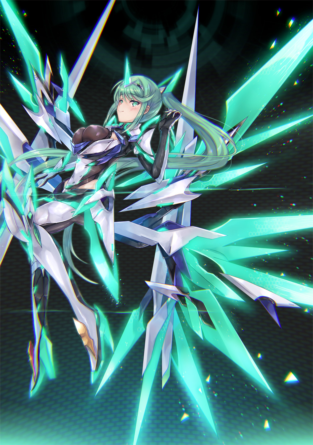 1girl aqua_eyes aqua_hair armor bangs black_background breasts commentary_request earrings gem glowing hair_ornament headpiece highres hinot jewelry large_breasts long_hair looking_at_viewer mechanical_wings neon_trim nintendo pneuma_(xenoblade) ponytail pose simple_background solo spoilers swept_bangs tiara very_long_hair wings xenoblade_(series) xenoblade_2