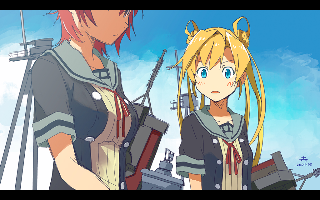 2girls abukuma_(kantai_collection) artist_logo bangs black_jacket blonde_hair blue_background blue_eyes breast_envy dated double_bun gradient gradient_background grey_sailor_collar hair_between_eyes hair_rings jacket kantai_collection kinu_(kantai_collection) kusakabe_(kusakabeworks) letterboxed long_hair machinery mast multiple_girls neck_ribbon no_nose red_ribbon redhead remodel_(kantai_collection) ribbon sailor_collar school_uniform serafuku short_hair short_sleeves