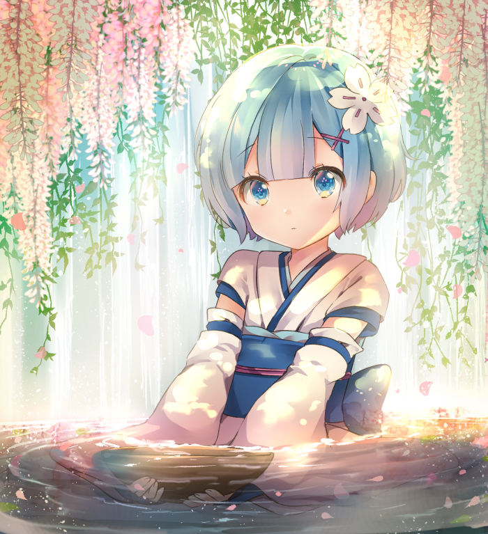 1girl blue_eyes blue_hair blush bowl commentary_request detached_sleeves flower hair_flower hair_ornament hairclip has_bad_revision has_cropped_revision holding holding_bowl japanese_clothes kimono long_sleeves melings_(aot2846) obi partially_submerged petals petals_on_liquid pink_flower re:zero_kara_hajimeru_isekai_seikatsu rem_(re:zero) sash short_hair sleeveless sleeveless_kimono solo water white_flower white_kimono white_sleeves wide_sleeves x_hair_ornament