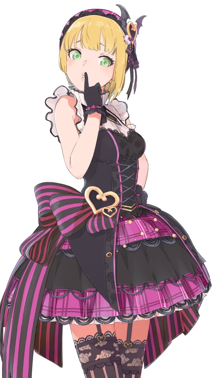 1girl artist_request bangs bare_arms black_gloves blonde_hair breasts commentary_request cross-laced_clothes eyebrows_behind_hair eyelashes finger_to_mouth frilled_shirt_collar frills garter_straps gloves gold_trim green_eyes hand_on_hip highres idolmaster idolmaster_cinderella_girls index_finger_raised looking_at_viewer miyamoto_frederica plaid short_hair shushing simple_background solo thigh-highs white_background