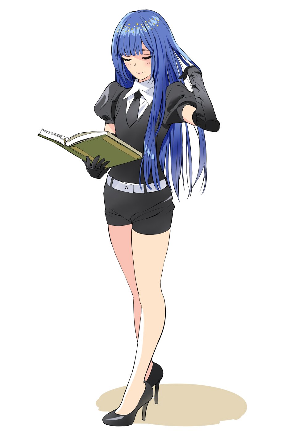 1other androgynous bangs bare_legs belt black_gloves black_legwear black_neckwear black_shorts blue_hair blush book closed_eyes commentary_request elbow_gloves full_body gem_uniform_(houseki_no_kuni) gloves hand_in_hair hand_up high_heels highres holding holding_book houseki_no_kuni lapis_lazuli_(houseki_no_kuni) long_hair matsuda_(matsukichi) necktie puffy_short_sleeves puffy_sleeves shirt short_shorts short_sleeves shorts simple_background solo standing thighs very_long_hair white_background white_belt white_shirt