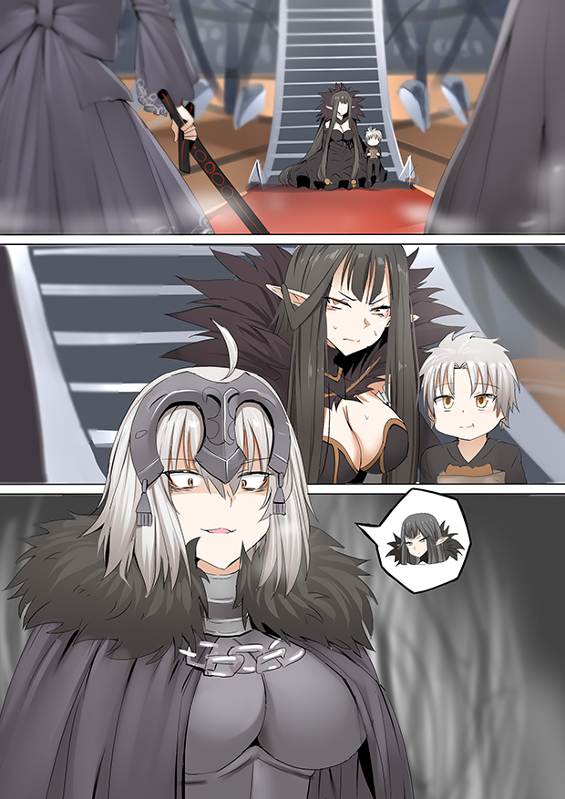 1boy 3girls ahoge artoria_pendragon_(all) black_ribbon breasts cape cleavage comic constricted_pupils eating fate/grand_order fate_(series) fur_collar fur_trim ginhaha grey_hair headgear holding holding_sword holding_weapon jeanne_d'arc_(alter)_(fate) jeanne_d'arc_(fate)_(all) large_breasts long_hair multiple_girls open_mouth pointy_ears ribbon saber_alter semiramis_(fate) short_hair silent_comic stairs sweat sword very_long_hair weapon yellow_eyes