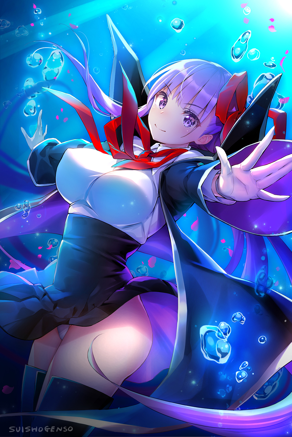 bb_(fate)_(all) bb_(fate/extra_ccc) black_coat black_footwear boots breasts coat fate/extra fate/extra_ccc fate_(series) gloves hair_ribbon high-waist_skirt highres hip_focus large_breasts leotard long_hair neck_ribbon open_clothes open_coat popped_collar purple_hair red_ribbon ribbon skirt suishougensou thigh-highs thigh_boots thighs underwater very_long_hair violet_eyes white_gloves white_leotard wide_sleeves